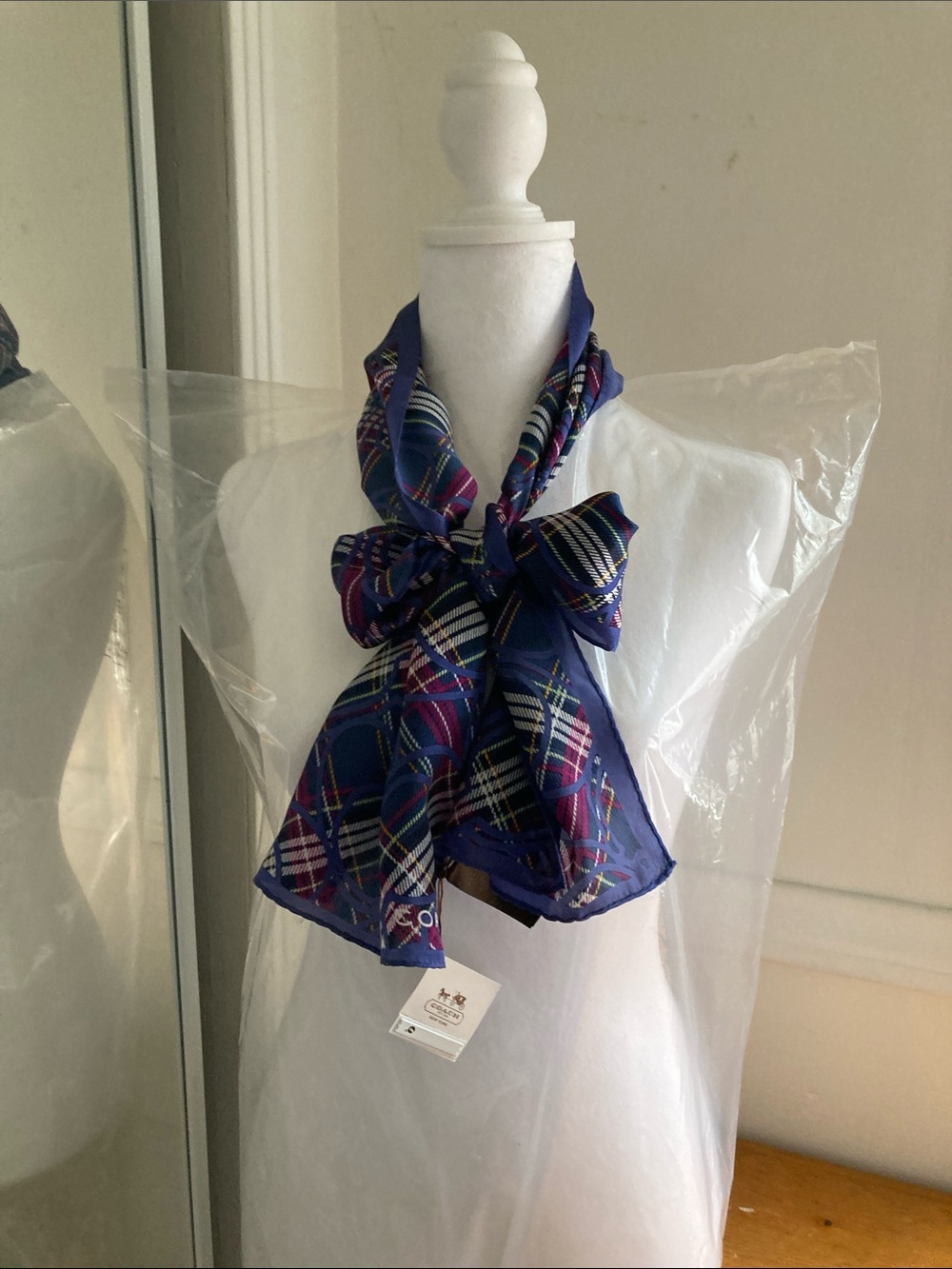Coach Navy Multicolor Plaid Silk Scarf - Picture 5 of 5